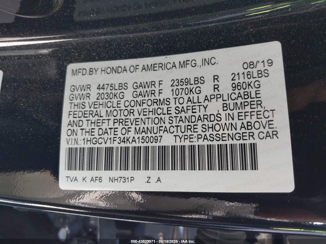 1HGCV1F34KA150097 Honda l15be