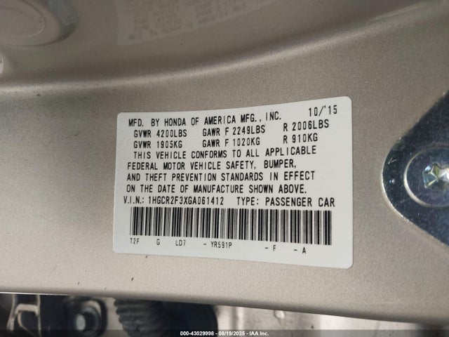1HGCR2F3XGA061412 Honda k24w1