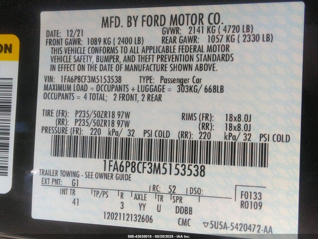 2021 FORD MUSTANG 1FA6P8CF3M5153538 Photo 8