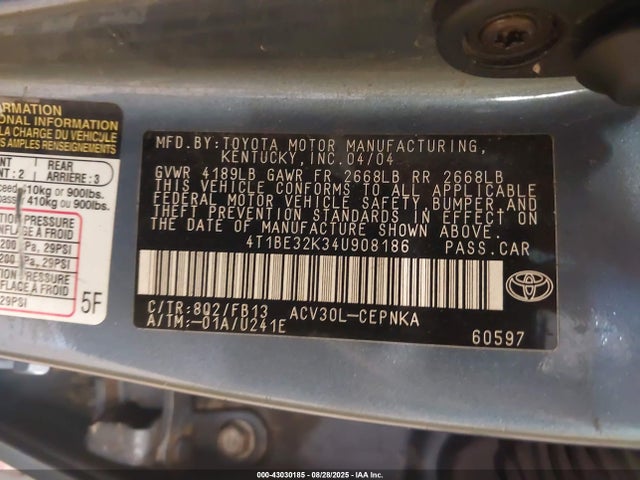 Aukcja sprzedaży 2004 Toyota Camry Le, vin: 4T1BE32K34U908186, numer aukcji: 43030185