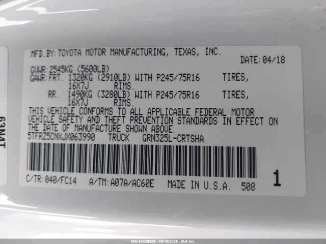 5TFRZ5CNXJX063990 Toyota 2gr-fks