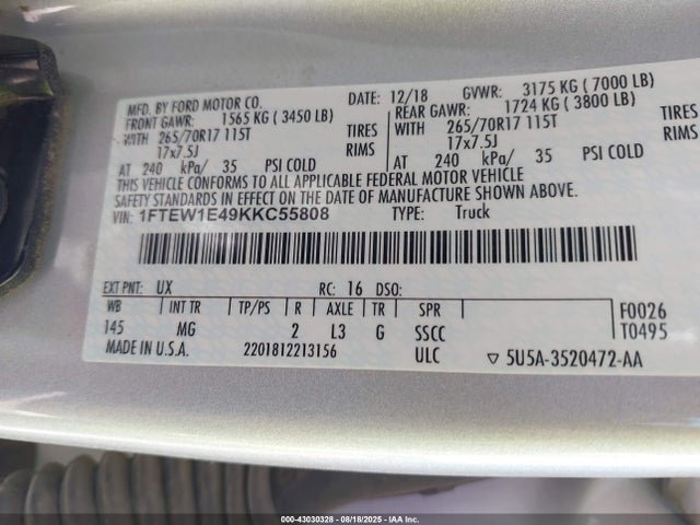 Ford gtdi 2019 1FTEW1E49KKC55808 Image 9