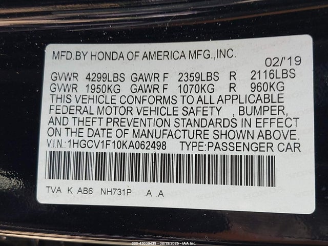 1HGCV1F10KA062498 Honda l15be