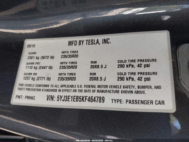 2019 TESLA MODEL 3 5YJ3E1EB5KF464789 Photo 8