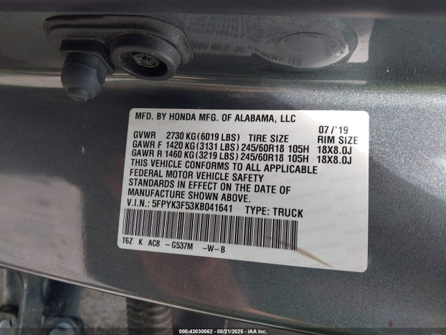 Honda j35y6 2019 5FPYK3F53KB041641 Image 9