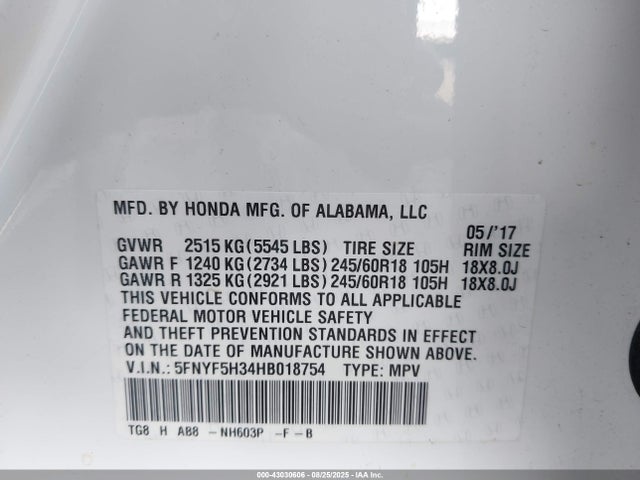 5FNYF5H34HB018754 Honda j35y6
