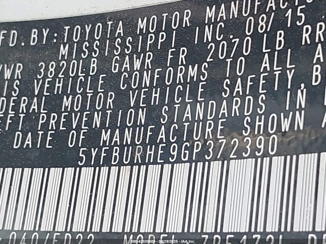 5YFBURHE9GP372390 Toyota Corolla S Plus