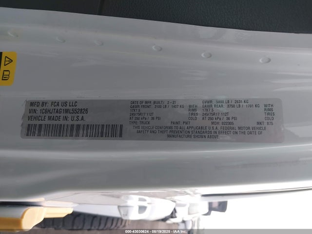 1C6HJTAG1ML552826 Jeep Gladiator