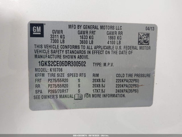 2013 Gmc Yukon Slt მანქანა იყიდება აუქციონზე, vin: 1GKS2CE06DR300502, აუქციონის ნომერი: 43030674