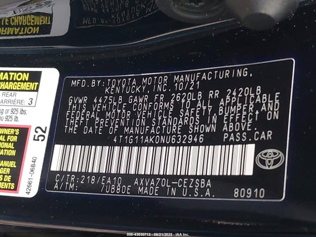 4T1G11AK0NU632946 Toyota a25a-fks