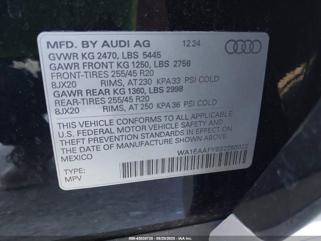 WA1EAAFY6S2050022 Audi Q5 Premium Plus 45 Tfsi S Line Quattro S Tronic