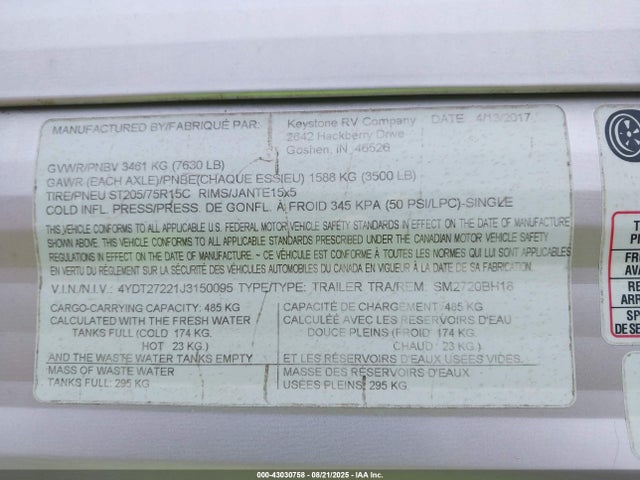 4YDT27221J3150095 Keystone keystone