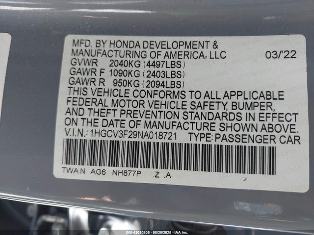 1HGCV3F29NA018721 Honda lfb2