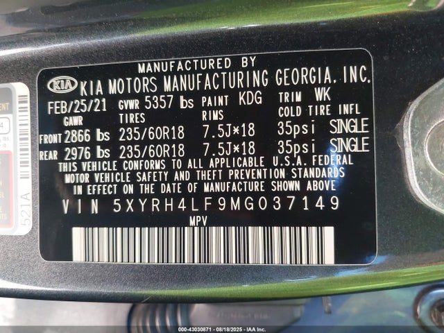 KIA t-gdi theta-iii 2021 5XYRH4LF9MG037149 Image 9