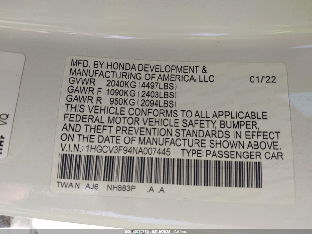 1HGCV3F94NA007445 Honda lfb2