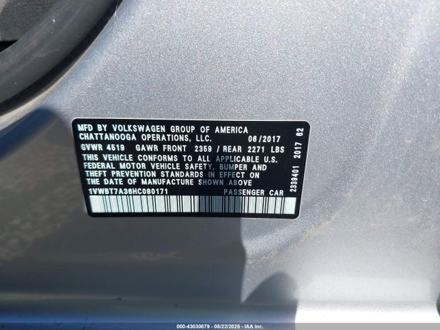 Volkswagen Passat 1.8t Se 2017 1VWBT7A36HC080171 Image 9