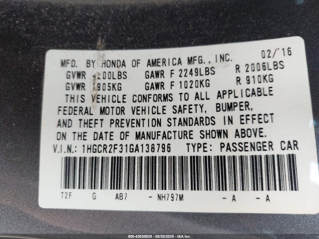 2016 HONDA ACCORD 1HGCR2F31GA138796 Photo 8