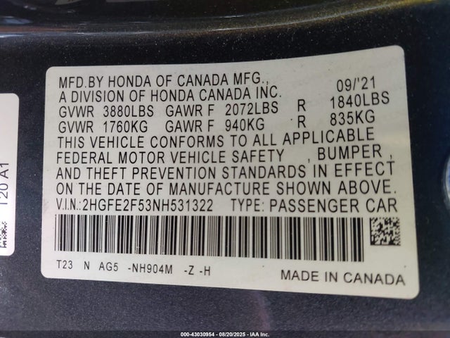 Honda Civic Sport 2022 2HGFE2F53NH531322 Image 25