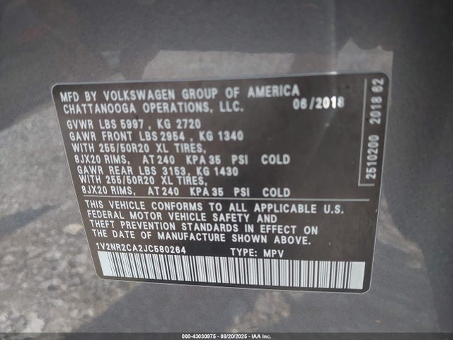 Volkswagen Atlas 2018 1V2NR2CA2JC580264 Image 9