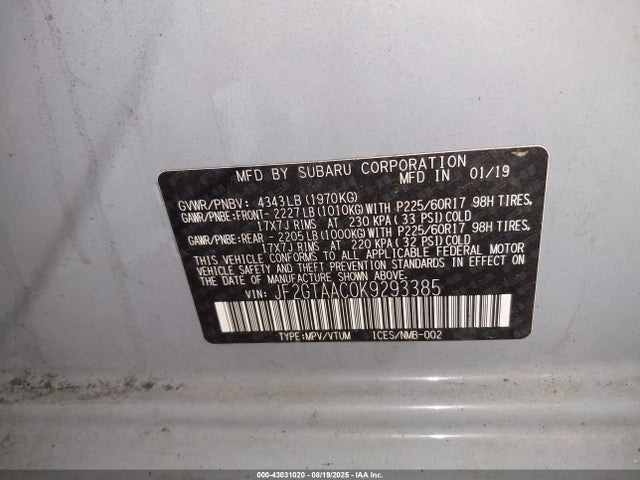 Subaru naturally aspirated 2019 JF2GTAAC0K9293385 Image 9