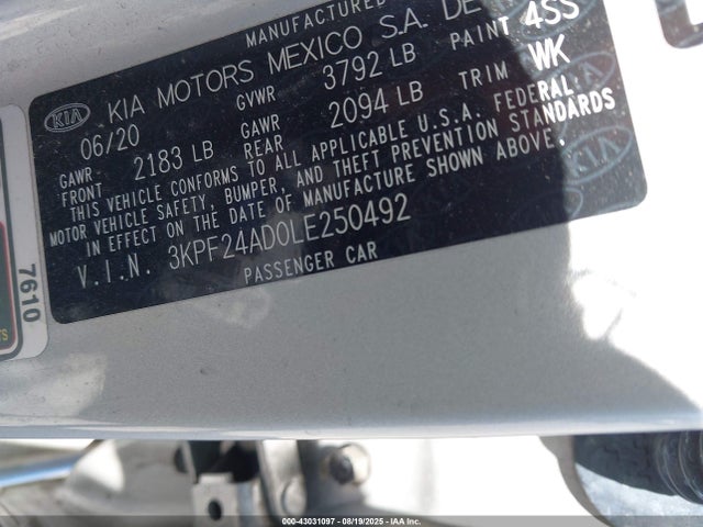 3KPF24AD0LE250492 KIA mpi nu
