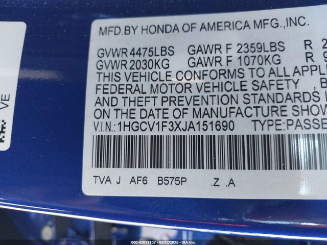 1HGCV1F3XJA151690 Honda l15be