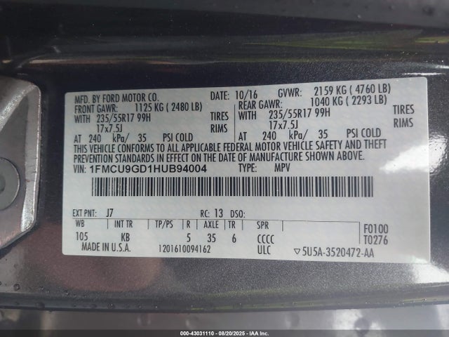 1FMCU9GD1HUB94004 Ford gtdi sigma w/premium fuel