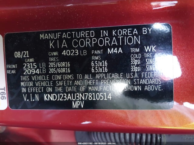 KNDJ23AU3N7810514 KIA mpi nu