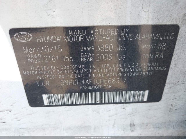 Hyundai dohc mpi nu 2016 5NPDH4AE1GH668317 Image 9