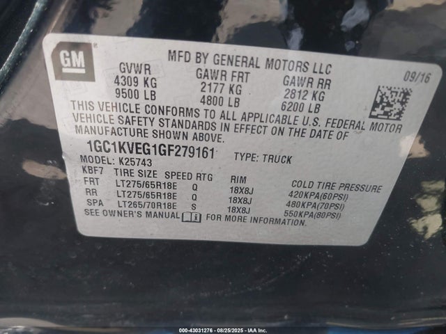 1GC1KVEG1GF279161 Chevrolet l96 - flexible fuel (gas/ethanol), sfi iron