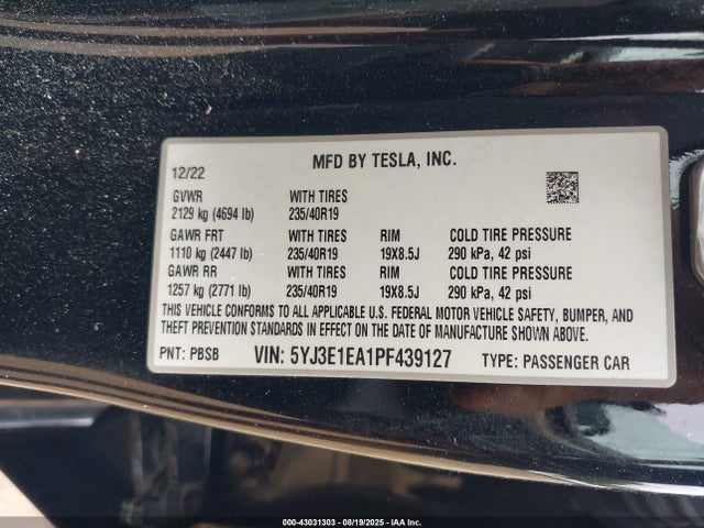 5YJ3E1EA1PF439127 Tesla MODEL 3