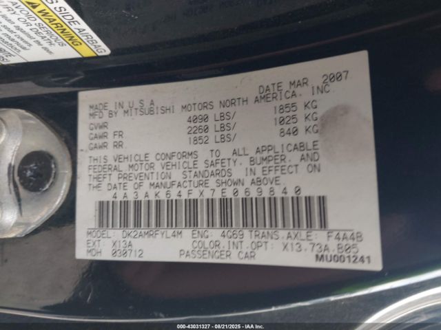 2007 MITSUBISHI ECLIPSE 4A3AK64FX7E069840 Photo 8