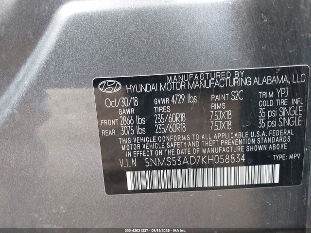 5NMS53AD7KH058834 Hyundai gdi theta ii