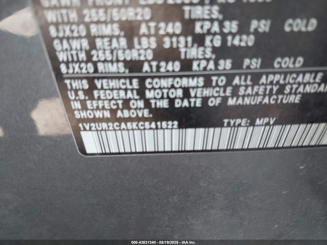 Volkswagen Atlas 2019 1V2UR2CA5KC541522 Image 9