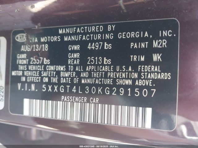 2019 KIA OPTIMA 5XXGT4L30KG291507 Photo 8