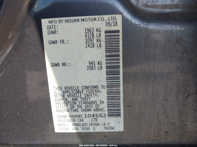 Nissan 2019 2019 1N4BL4DVXKC104662 Image 9