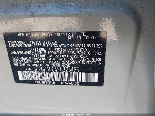 JF2GPAFC4FH328485 Subaru 2.0l naturally aapirated
