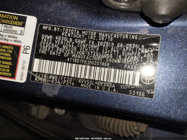 4T1BD1FK1HU201868 Toyota 2ar-fxe+2jm