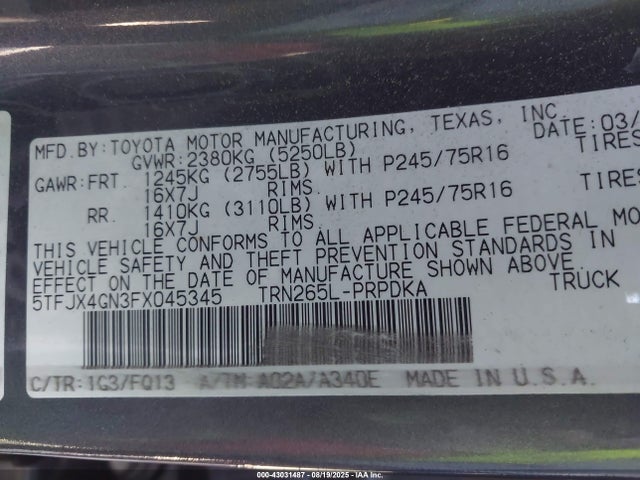 5TFJX4GN3FX045345 Toyota 2tr-fe
