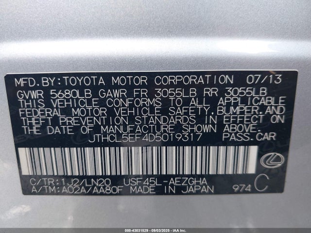 43031529 :رقم المزاد ، JTHCL5EF4D5019317 vin ، 2013 Lexus Ls 460 مزاد بيع