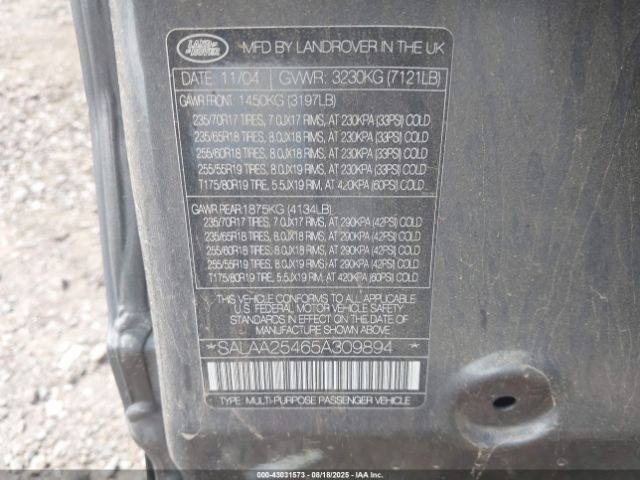 2005 LAND ROVER LR3 SALAA25465A309894 Photo 8