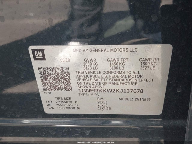 1GNERKKW2KJ137678 Chevrolet lfy - spark ignited direct injection, atss, gen 1
