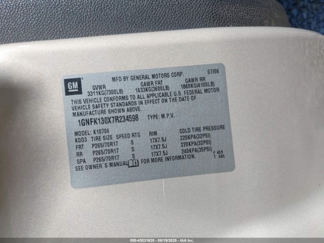 2007 CHEVROLET TAHOE 1GNFK130X7R234598 Photo 8