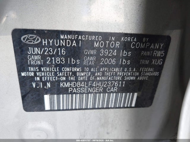 KMHD84LF4HU237611 Hyundai Elantra