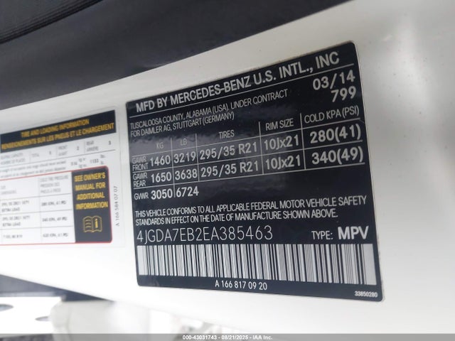 Продажа на аукционе авто 2014 Mercedes-benz Ml 63 Amg 4matic, vin: 4JGDA7EB2EA385463, номер лота: 43031743