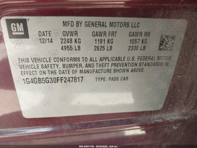 2015 Buick Lacrosse მანქანა იყიდება აუქციონზე, vin: 1G4GB5G30FF247817, აუქციონის ნომერი: 43031789