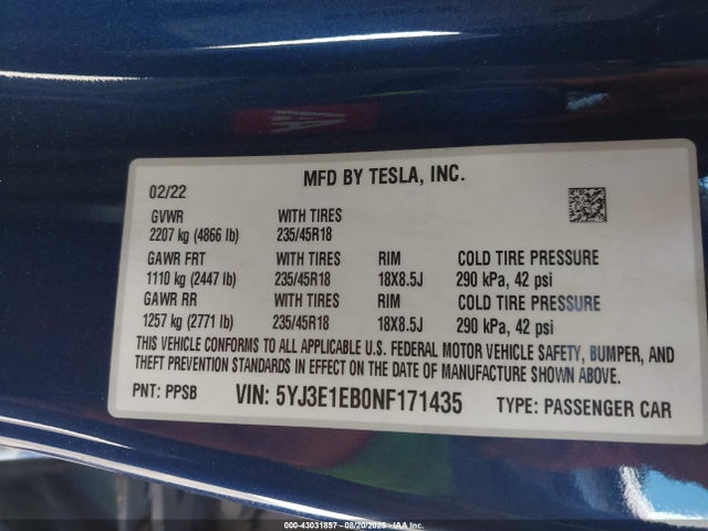 2022 TESLA MODEL 3 5YJ3E1EB0NF171435 Photo 8