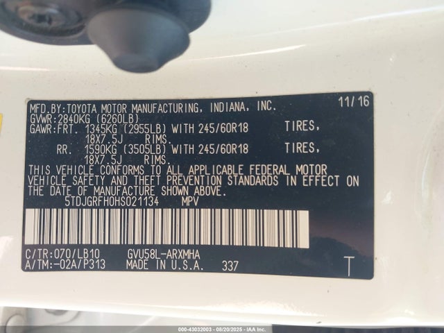 Toyota 2gr-fxs, 4jm+2fm 2017 5TDJGRFH0HS021134 Image 9