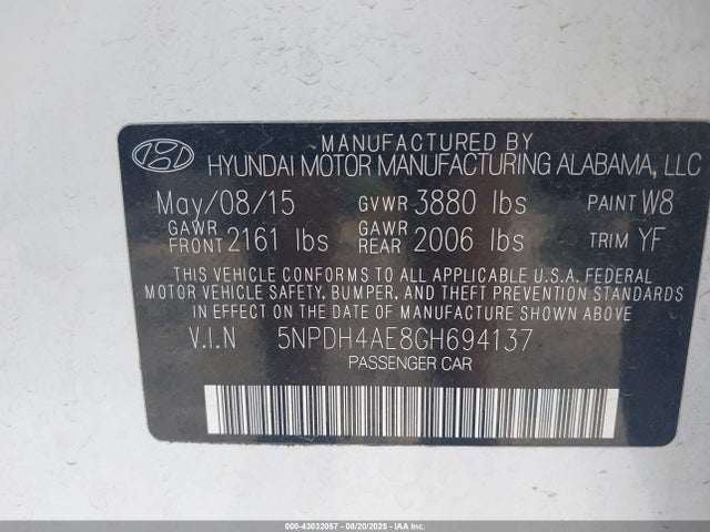 Hyundai dohc mpi nu 2016 5NPDH4AE8GH694137 Image 9