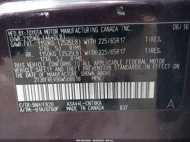 Toyota 2ar-fe 2016 2T3BFREV9GW508618 Image 9